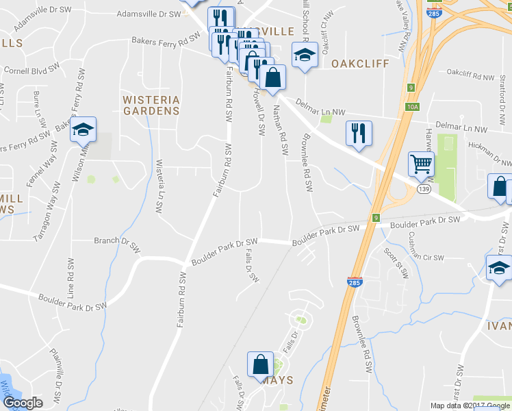 map of restaurants, bars, coffee shops, grocery stores, and more near 259 Boulder Park Drive Southwest in Atlanta