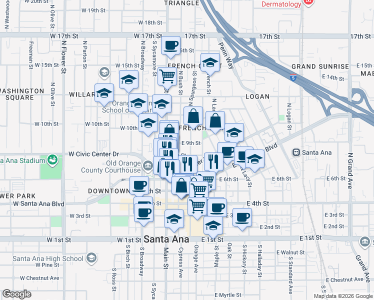 map of restaurants, bars, coffee shops, grocery stores, and more near 301 8th Street in Santa Ana