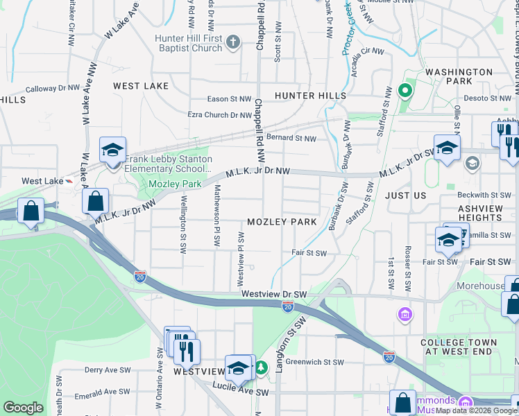 map of restaurants, bars, coffee shops, grocery stores, and more near 1407 Mozley Place Southwest in Atlanta