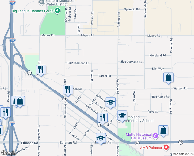 map of restaurants, bars, coffee shops, grocery stores, and more near 27815 Baroni Road in Menifee