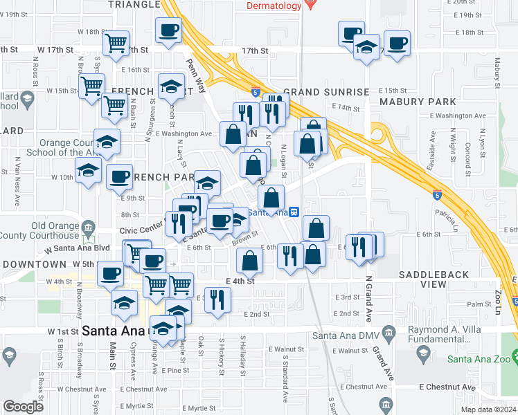 map of restaurants, bars, coffee shops, grocery stores, and more near 912 East Santa Ana Boulevard in Santa Ana