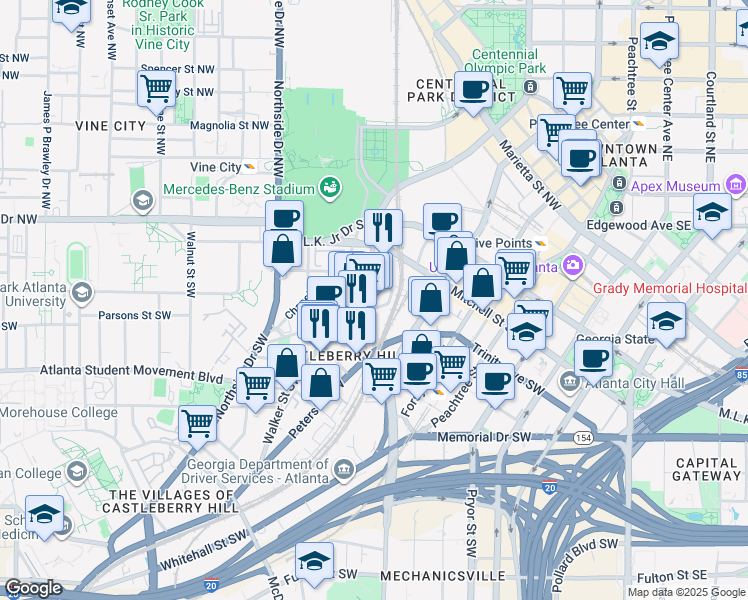 map of restaurants, bars, coffee shops, grocery stores, and more near 333 Nelson Street Southwest in Atlanta