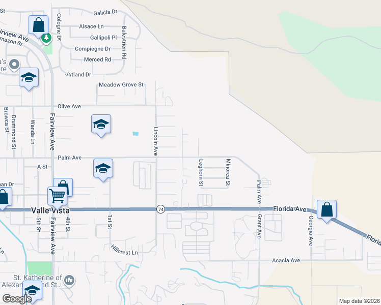 map of restaurants, bars, coffee shops, grocery stores, and more near 44666 Palm Avenue in Hemet