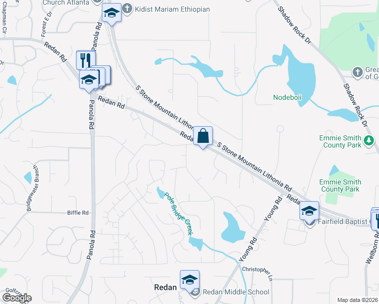 map of restaurants, bars, coffee shops, grocery stores, and more near 1386 Stoneleigh Hill Road in Lithonia