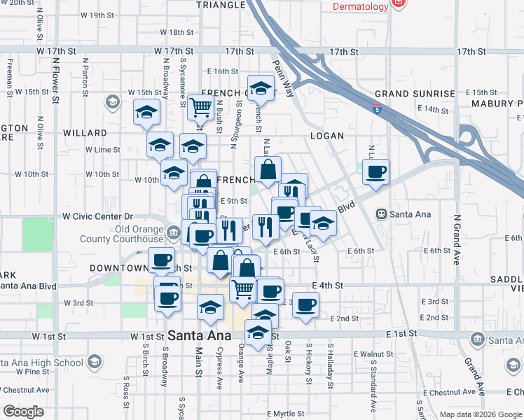 map of restaurants, bars, coffee shops, grocery stores, and more near 419 Civic Center Drive East in Santa Ana