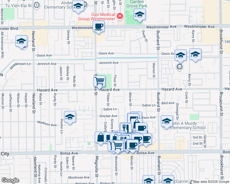 map of restaurants, bars, coffee shops, grocery stores, and more near 9132 Hazard Avenue in Westminster