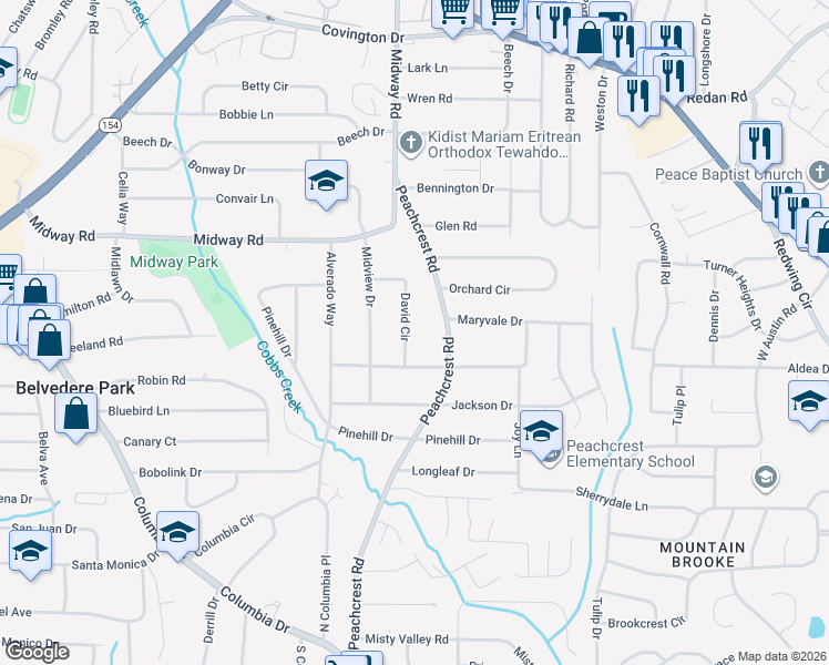 map of restaurants, bars, coffee shops, grocery stores, and more near 1428 David Circle in Decatur