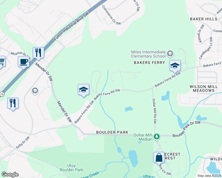 map of restaurants, bars, coffee shops, grocery stores, and more near 4480 Bakers Ferry Road Southwest in Atlanta