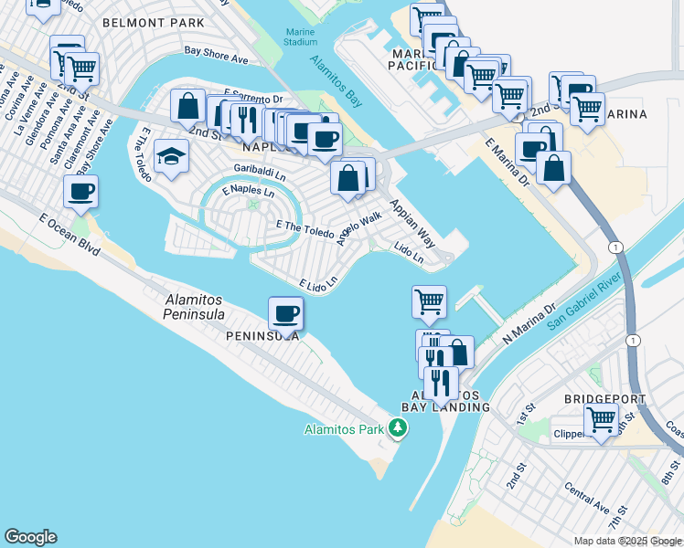map of restaurants, bars, coffee shops, grocery stores, and more near 35 Vista Del Golfo in Long Beach