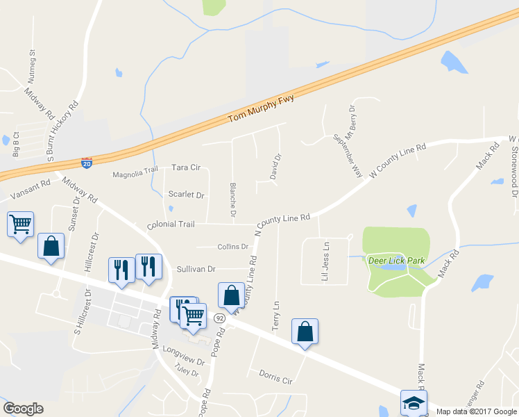 map of restaurants, bars, coffee shops, grocery stores, and more near 3596 West County Line Road in Douglasville