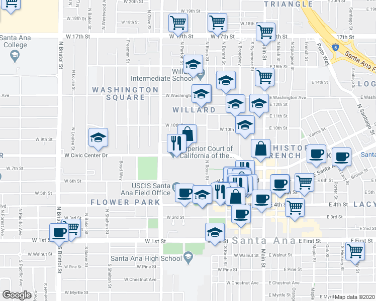 map of restaurants, bars, coffee shops, grocery stores, and more near 611 West Civic Center Drive in Santa Ana