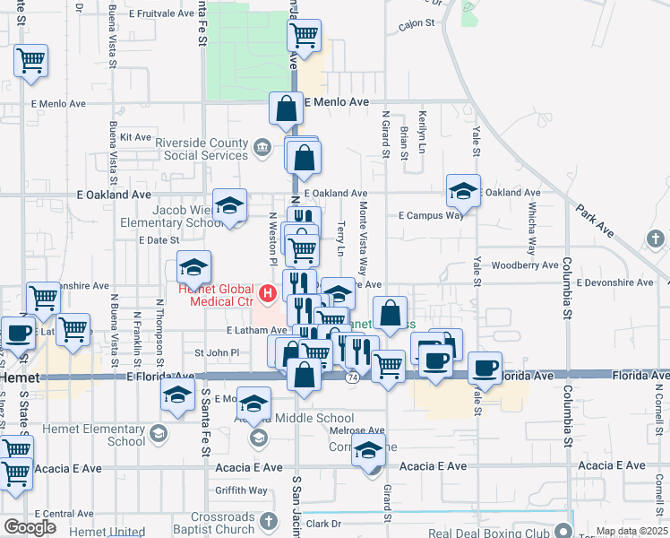 map of restaurants, bars, coffee shops, grocery stores, and more near 329 Terry Lane in Hemet
