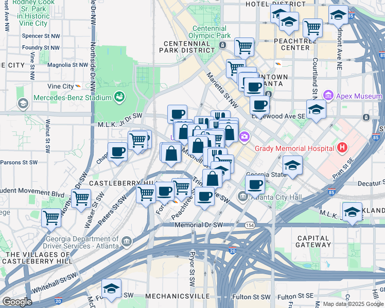 map of restaurants, bars, coffee shops, grocery stores, and more near 205 Mitchell Street Southwest in Atlanta