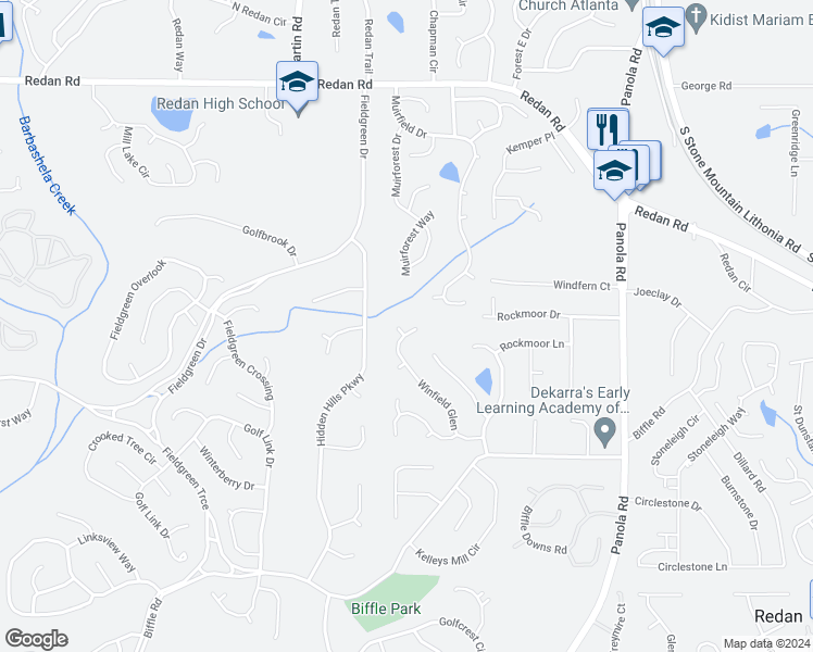 map of restaurants, bars, coffee shops, grocery stores, and more near 5254 Smokemont Drive in Stone Mountain