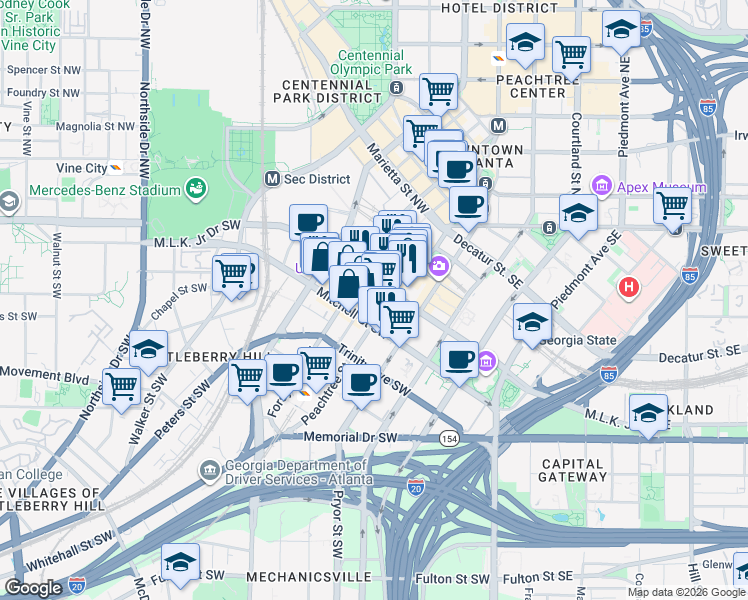 map of restaurants, bars, coffee shops, grocery stores, and more near 117 Peachtree Street in Atlanta