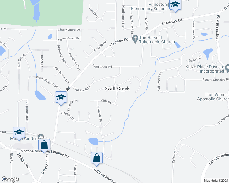 map of restaurants, bars, coffee shops, grocery stores, and more near 1357 Swift Creek Lane in Lithonia