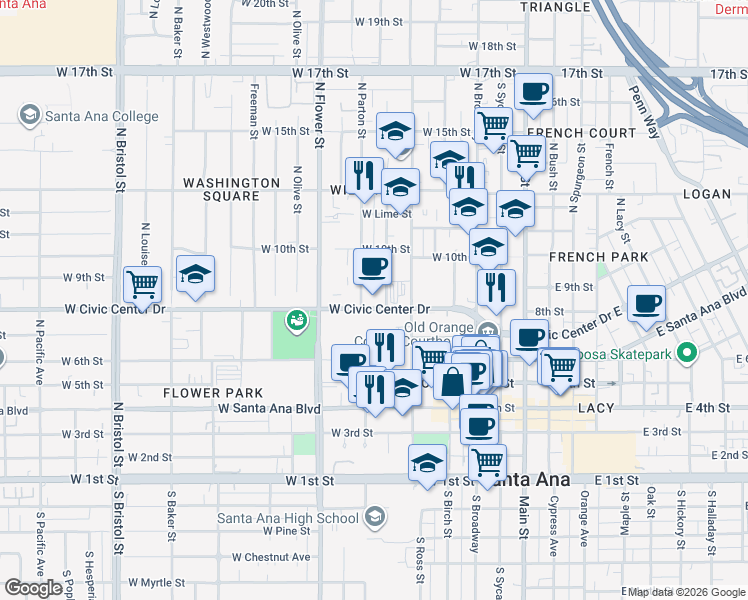 map of restaurants, bars, coffee shops, grocery stores, and more near 611 West Civic Center Drive in Santa Ana