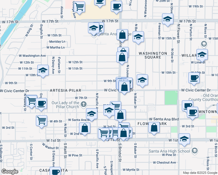 map of restaurants, bars, coffee shops, grocery stores, and more near 1334 West Civic Center Drive in Santa Ana