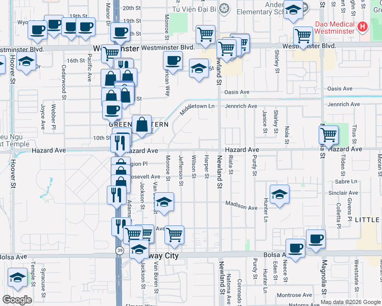 map of restaurants, bars, coffee shops, grocery stores, and more near 14501 Wilson Street in Midway City
