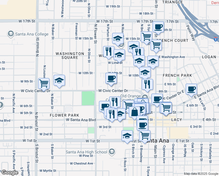 map of restaurants, bars, coffee shops, grocery stores, and more near 615W West Civic Center Drive in Santa Ana