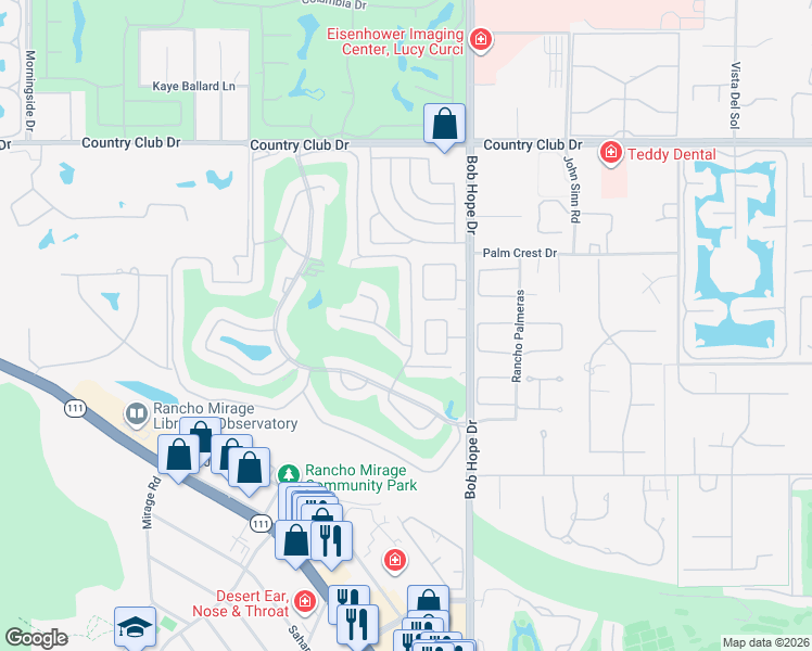 map of restaurants, bars, coffee shops, grocery stores, and more near 89 La Ronda Drive in Rancho Mirage