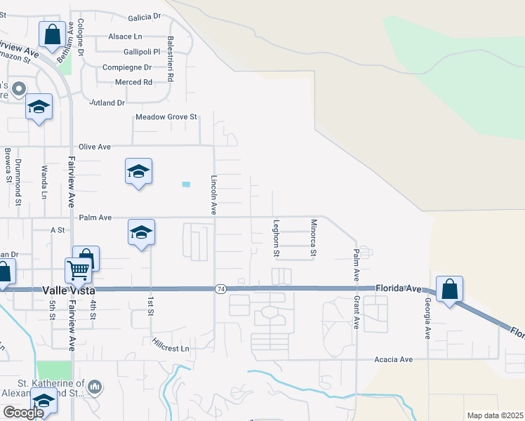 map of restaurants, bars, coffee shops, grocery stores, and more near 44666 Palm Avenue in Hemet
