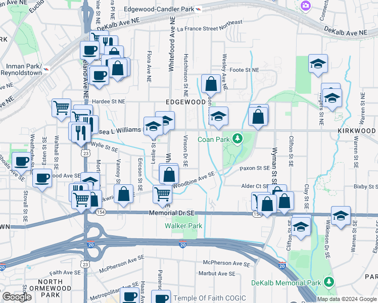 map of restaurants, bars, coffee shops, grocery stores, and more near 56 Vinson Drive Southeast in Atlanta