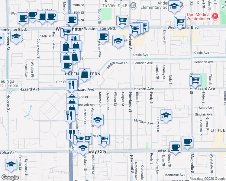 map of restaurants, bars, coffee shops, grocery stores, and more near 14501 Wilson Street in Midway City