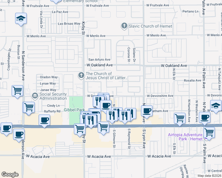 map of restaurants, bars, coffee shops, grocery stores, and more near 2159 Avenue Estrada in Hemet
