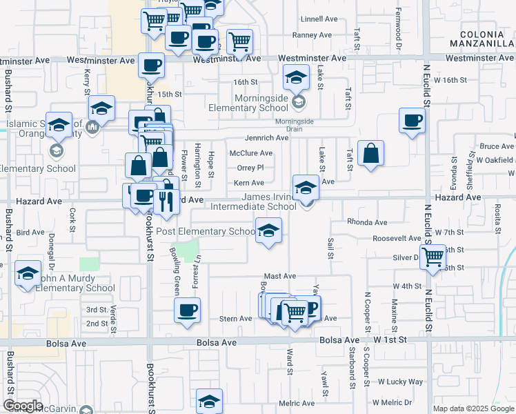 map of restaurants, bars, coffee shops, grocery stores, and more near 14522 Petsworth Lane in Westminster