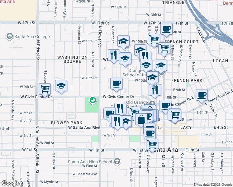map of restaurants, bars, coffee shops, grocery stores, and more near 611 West Civic Center Drive in Santa Ana