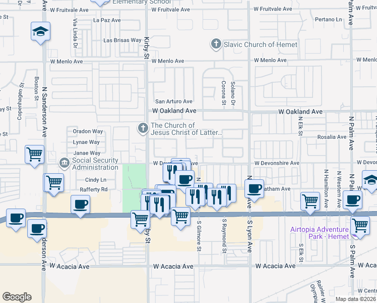 map of restaurants, bars, coffee shops, grocery stores, and more near 328 Avenue Miravella in Hemet