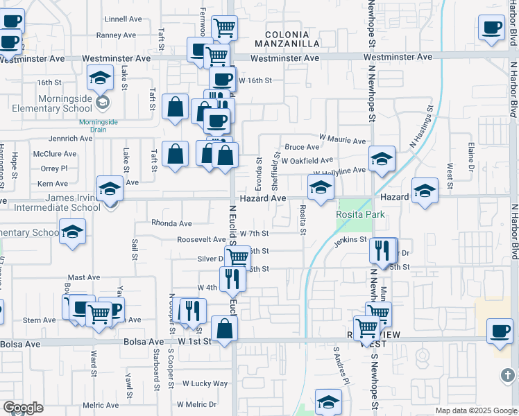 map of restaurants, bars, coffee shops, grocery stores, and more near 5026 Hazard Avenue in Santa Ana
