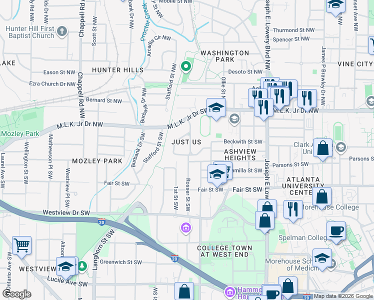 map of restaurants, bars, coffee shops, grocery stores, and more near 1127 Fountain Drive Southwest in Atlanta