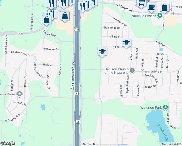 map of restaurants, bars, coffee shops, grocery stores, and more near 3044 Crawford Lane in Denison