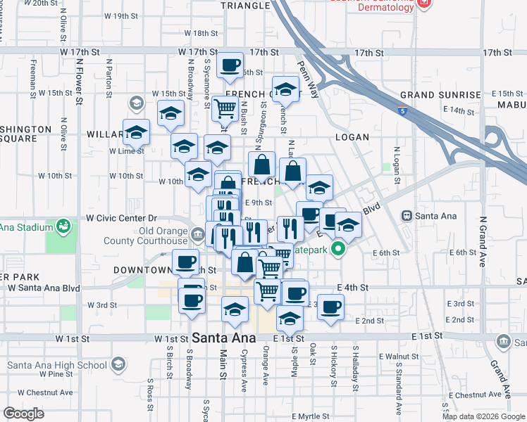 map of restaurants, bars, coffee shops, grocery stores, and more near 809 North Spurgeon Street in Santa Ana