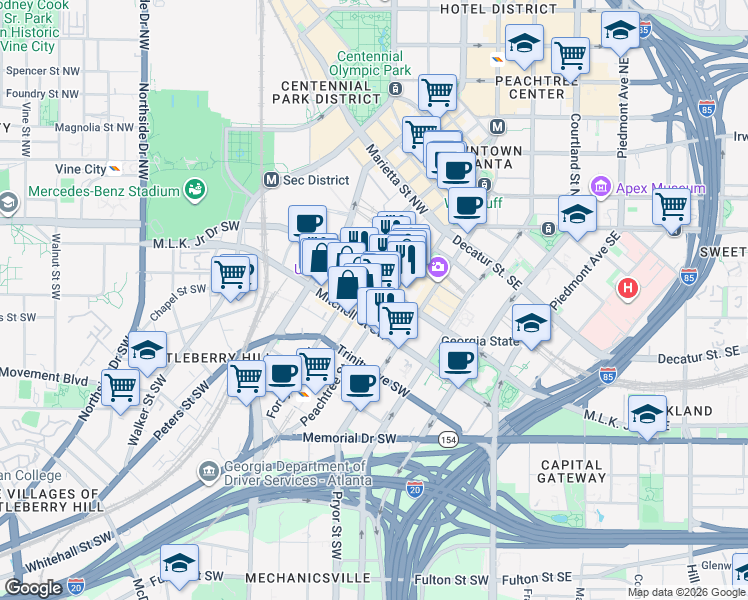 map of restaurants, bars, coffee shops, grocery stores, and more near 117 Peachtree Street in Atlanta