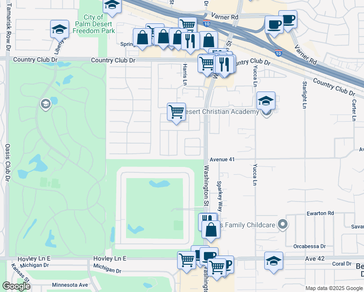 map of restaurants, bars, coffee shops, grocery stores, and more near 40785 Breezy Pass Road in Palm Desert