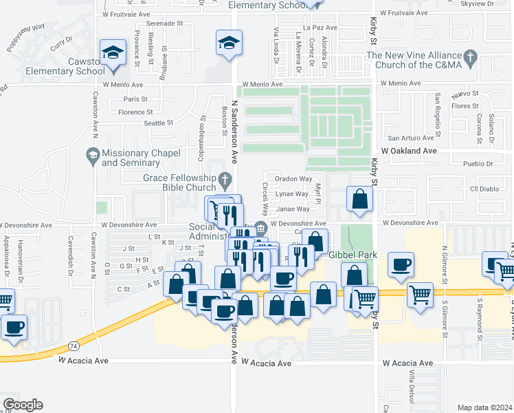 map of restaurants, bars, coffee shops, grocery stores, and more near 3123 Janae Way in Hemet