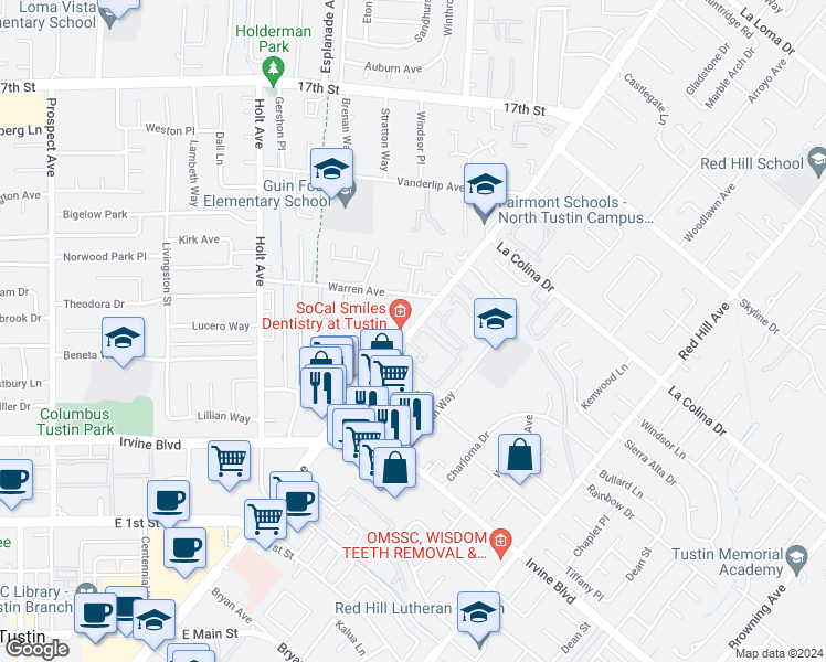 map of restaurants, bars, coffee shops, grocery stores, and more near 12754 Newport Avenue in Tustin