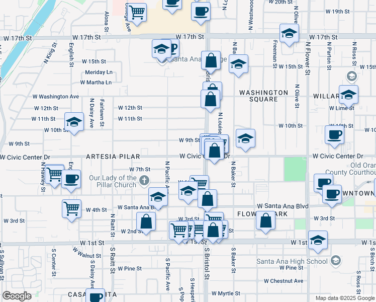 map of restaurants, bars, coffee shops, grocery stores, and more near 1334 West Civic Center Drive in Santa Ana
