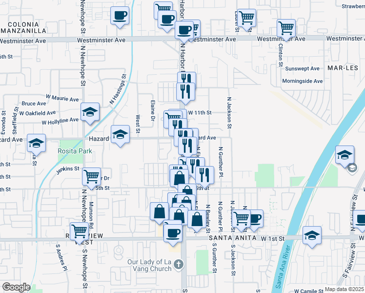 map of restaurants, bars, coffee shops, grocery stores, and more near 715 North Harbor Boulevard in Santa Ana