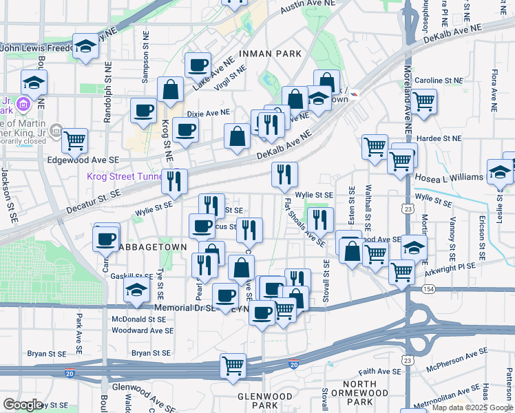 map of restaurants, bars, coffee shops, grocery stores, and more near 87 Selman Street Southeast in Atlanta