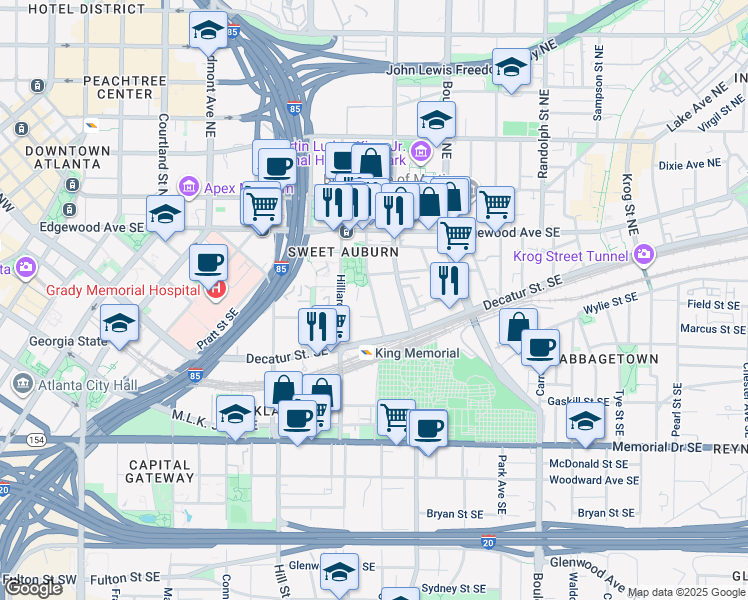map of restaurants, bars, coffee shops, grocery stores, and more near 375 Gartrell Street Southeast in Atlanta