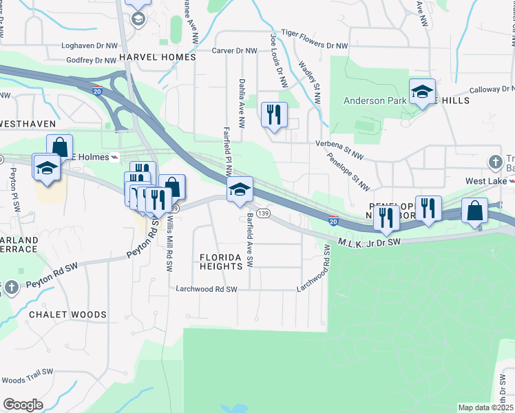 map of restaurants, bars, coffee shops, grocery stores, and more near 2163 Martin Luther King Junior Drive Southwest in Atlanta