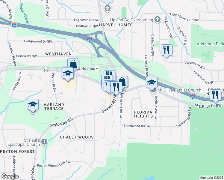 map of restaurants, bars, coffee shops, grocery stores, and more near in Atlanta