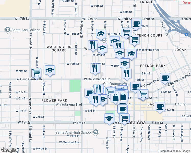map of restaurants, bars, coffee shops, grocery stores, and more near 615w West Civic Center Drive in Santa Ana
