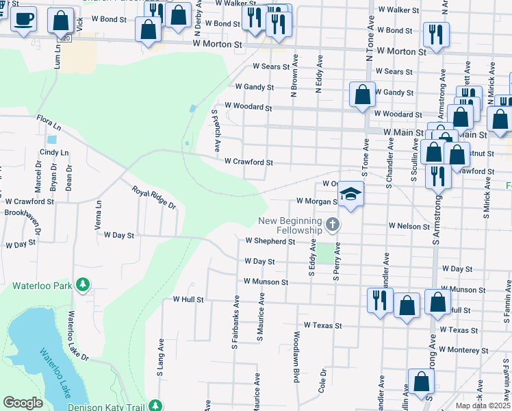 map of restaurants, bars, coffee shops, grocery stores, and more near 1513 West Shepherd Street in Denison