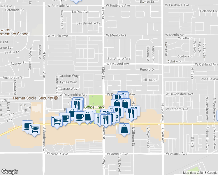 map of restaurants, bars, coffee shops, grocery stores, and more near 2439 Antigua Court in Hemet