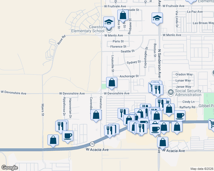 map of restaurants, bars, coffee shops, grocery stores, and more near 361 Via Capri in Hemet